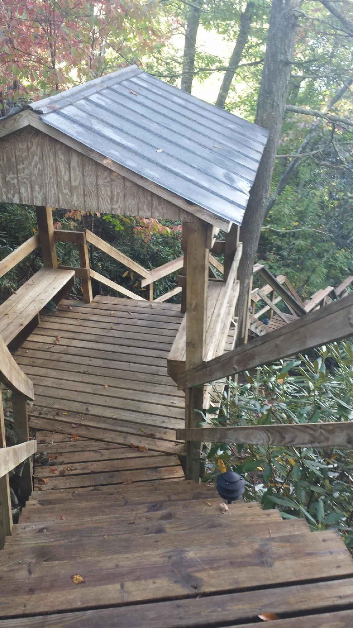 Metal roofed shelter over wooden steps on a wooded walkway — Skylight Repair & Installation work by our crew in Granville